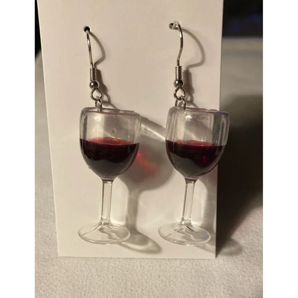 Earrings Wine Glass w/ Red Wine Dangle Lightweight Winery Party Drink‎ Whimsical